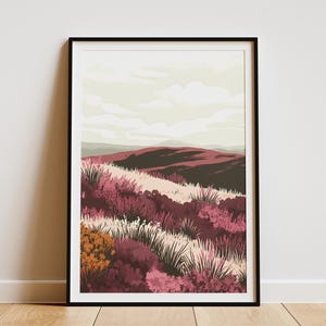 Heather and Moss Hill Landscape Poster Modern Botanical Wall Art Print Peaceful Nature Scene Home Decor Pink Purple Plant Print Botanical