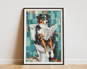 May include: Framed art print of a dog sitting on a toilet, reading a newspaper. The dog has black, brown, and white fur. The bathroom walls are teal, and the floor is orange and brown.