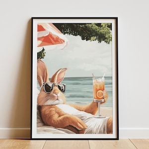 Summer Beach Rabbit Cocktail Poster Cute Bunny Art Print Coastal Animal Wall Decor Funny Rabbit in Sunglasses Summer Vacation Decor Orange