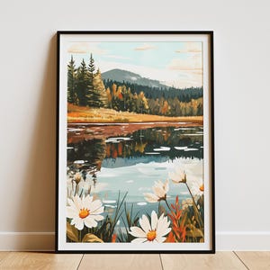 Póster de estanque tranquilo al atardecer, flores de primavera, arte de la naturaleza, impresión, reflejo del lago, decoración floral, ilustración botánica, paisaje tranquilo, pared moderna