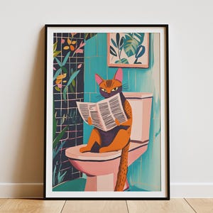 Abessijnse kat op toilet krant Art Print badkamer humor eigenzinnige kattenliefhebber cadeau grappig Home decor nieuwigheid muur kunst poster uniek cadeau idee