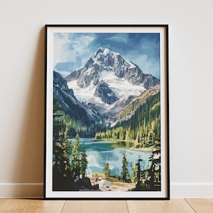 Póster del Parque Nacional de las Cascadas del Norte, impresión artística de viaje del estado de Washington, decoración de pared del Pacífico Noroeste, impresión artística de paisaje del PNW, lago de montaña