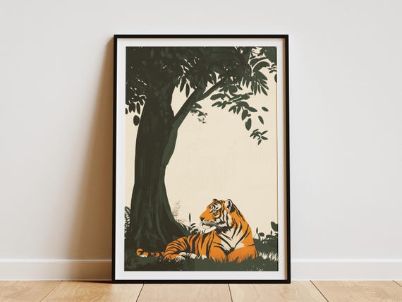Tiger Under Banyan Tree Woodblock Print Animal Art Poster Nature Wall Decor Bengal Tiger Art Print Vintage Inspired Jungle Art Wildlife