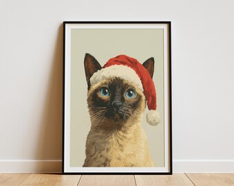 Siamese Cat Christmas Art Print Pet Portrait Holiday Wall Decor Festive Cat Lover Gift Modern Digital Animal Illustration Poster
