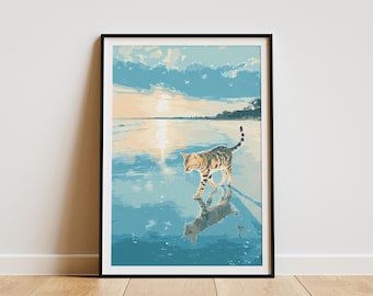 Bengal Cat Sunset Beach Art Print Coastal Animal Wall Decor Unique Pet Lover Gift Ocean Landscape Poster Abstract Feline Waterline Artwork