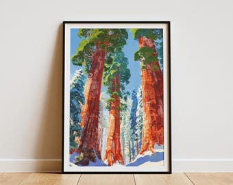 Sequoia National Park Poster Watercolor Travel Art Print California Wall Art Decor Giant Redwood Tree Illustration Souvenir Gift Idea