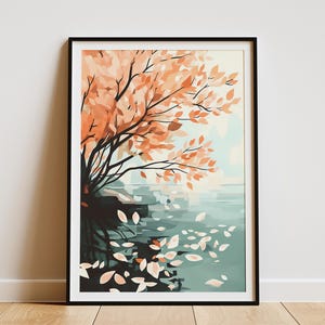 Herbst Blätter im Strom Pfirsich Herbst Poster Moderne Natur Kunstdruck Abstrakt Landschaft Wand-Dekor Papier-Druck Herbstlich