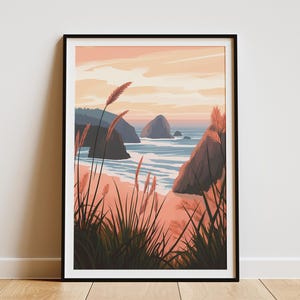 Stampa di paesaggio del tramonto costiero, vista sull'oceano, arte, erba da spiaggia, poster, cielo rosa, paesaggio marino, decorazione murale moderna e minimalista, scena di natura calma, carta