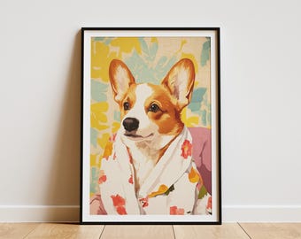 May include: Framed art print featuring a watercolor-style portrait of a Corgi dog. The dog is wearing a floral robe and set against a floral background. The artwork is framed in a black frame and is displayed against a white wall.