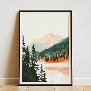 Póster de lago de montaña, paisaje de lago tranquilo, impresión artística, naturaleza abstracta, decoración de pared, escena de bosque tranquilo, decoración minimalista moderna para el hogar, serena