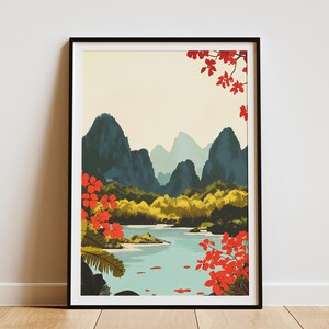 Yangshuo County China Flat Illustration Art Print Modern Minimalist China Landscape Poster Asian Nature Wall Decor Red Flowers River