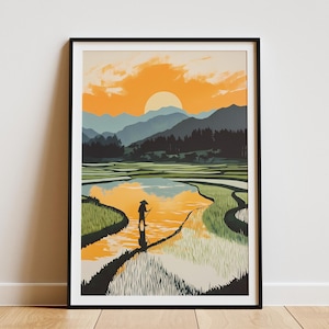 Reisfeld Sonnenuntergang Poster Asiatische Landschaft Kunstdruck Japanische Bauernhaus Dekor Moderne minimalistische Wandkunst Asiatisches Reisfeld Orange Sonnenaufgang
