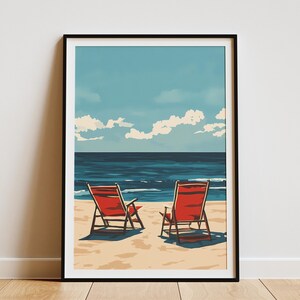 Póster con vista al mar y sillas de playa, sillas rojas, arte de pared para vacaciones de verano, decoración del hogar costero, impresión moderna de casa de playa, verano