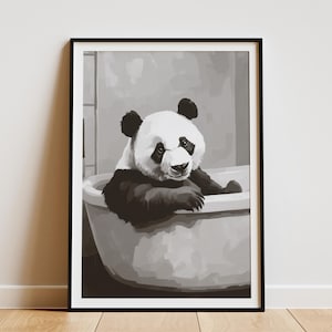 Panda Bear Bathtub Print Minimalist Bathroom Art Panda Wall Art Funny Animal Poster Panda Art Black and White Panda Bear Lover Gift