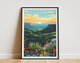 Texas Hill Country Sunset Landscape Poster Print Vintage Travel Art Texas Nature Hill Country Wall Decor Botanical Art Print Gift for Texas