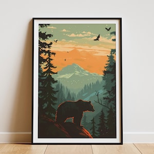 Stampa di un orso di montagna, poster minimalista, arte murale moderna di metà secolo, arte della natura, poster di un albero, stampa di un orso nero
