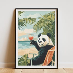 Elegant Panda Beach Poster Coastal Animal Art Print Summer Vacation Decor Tropical Panda Illustration Funny Panda Gift Relaxing Panda