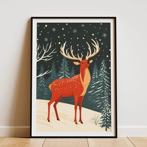 Christmas Elk in Snowy Forest Poster Vintage Festive Winter Animal Art Print Holiday Decor Red Deer in Pine Trees Illustration