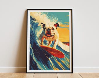 Smiling Bulldog Surfing Hawaiian Ocean Wave Digital Art Print Funny Dog Surfer Tropical Beach Wall Art Poster Cute Pet Animal Decor