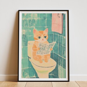 Impresión artística de gatito británico de pelo corto, póster humorístico de gato, decoración de pared para baño, lectura de periódico en el inodoro, arte divertido para mascotas, obra de arte de gatito lindo