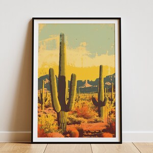 Saguaro Nationalpark Wüste Landschaft Poster Vintage Reise Kunstdruck Southwest Decor Minimalistische Wüstenwandkunst