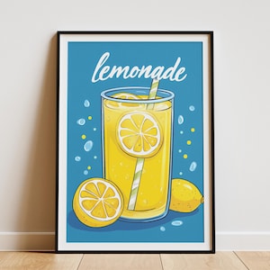 Cartaz de limonada Cartaz de bebida de verão Impressão de bebida amarela Ilustração plana em negrito Copo de limonada Cartaz de verão Impressão de limonada fofa