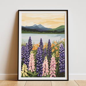 Póster de lago Lupine, impresión de lago de montaña, arte floral, naturaleza, decoración de pared botánica, paisaje, póster de verano, decoración de casa de lago, escena de naturaleza serena