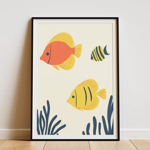 Póster de arte minimalista con estampado de arrecife de coral y peces tropicales, vida marina submarina, decoración de pared, decoración de casa de playa, regalo de decoración de verano para el hogar