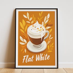 Flat White Coffee Poster Coffee Shop Wall Art Cafe Print Herbst Kaffee Getränk Schlagsahne Gemütlicher Kaffee Poster brauner und weißer Kaffee
