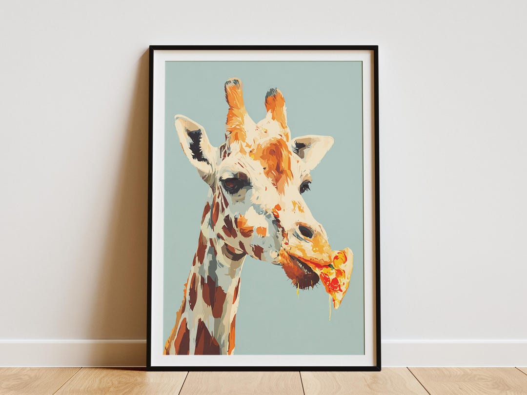 Humorous Giraffe Eating Pizza Digital Art Print Whimsical Animal