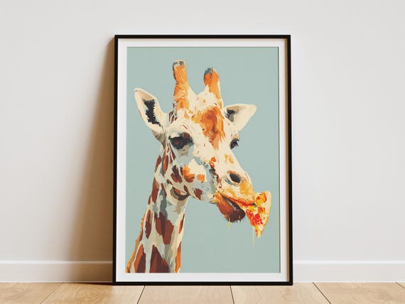 シム・シメール、【AFTERNOON GIRAFES】、希少な額装用画集より Humorous Giraffe Eating Pizza Digital Art Print Whimsical Animal