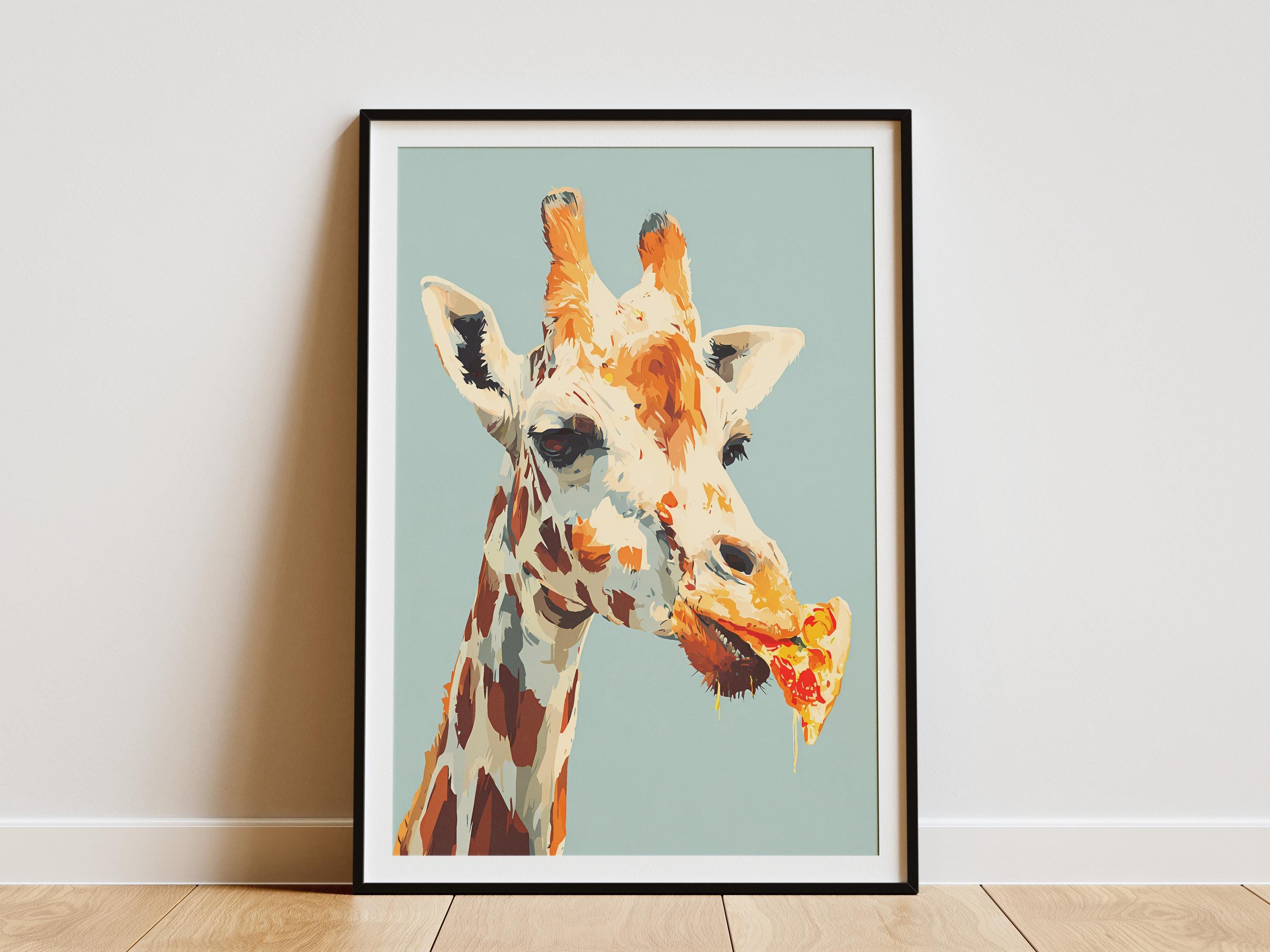 シム・シメール、【AFTERNOON GIRAFES】、希少な額装用画集より Humorous Giraffe Eating Pizza Digital Art Print Whimsical Animal
