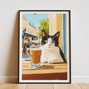 Impresión artística de gato Munchkin, póster acogedor de cafetería, estilo Henri Matisse, regalo para amantes del café, decoración de pared de gato caprichoso, lindo arte de mascota, decoración del hogar