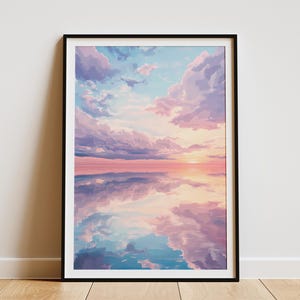 Póster con impresión artística de pared con reflejo de cielo al atardecer en rosa y azul, aguas tranquilas, lago, mar, océano, naturaleza, decoración del hogar y habitación