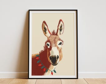 Christmas Donkey Art Print Festive Holiday Decor Muted Tones Winter Animal Wall Art Gift Idea Textured Illustration