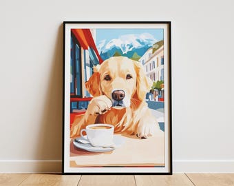 Golden Retriever Dog Art Print Cafe Coffee Poster Cute Animal Wall Art Dog Lover Gift Cozy Cafe Art Print Home Decor Pet Portrait