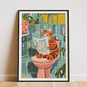 Bengaalse kat krant poster grappige badkamer Art Print katachtige Home decor speelse kattenliefhebber cadeau uniek toilet humor dierenlezing kunst