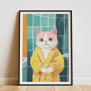 Póster de gatito exótico de pelo corto en bata de baño, impresión artística de gato divertido, decoración de pared de animales lindos, póster de gato para baño, retrato caprichoso de mascota, amante de los gatos
