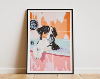 Australian Shepherd Dog Art Print Bathtub Bubble Bath Wall Art Poster Home Decor Pet Lover Gift Dog Portrait Aussie Art Modern Dog Art Print