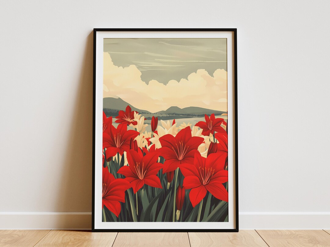 Red Amaryllis Flowers Field Dramatic Sky Landscape Botanical Art Print ...