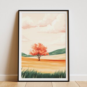 Einsamer Baum im Feld Poster Abstrakte Landschaft Kunstdruck Minimalistische Natur Wanddekoration Moderne botanische Illustration Orange und grünes Feld