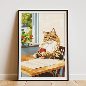 Maine Coon Cat Art Print Przytulny plakat kawiarniany Prezent dla miłośnika kawy Dekoracja ścienna kota Portret zwierzaka Wystrój domu Wydruk