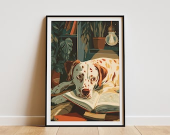 Lámina artística "Perro leyendo acogedor" - Regalo para amantes de los perros dálmatas - Decoración de pared para mascotas - Póster de animales para estudio nocturno - Decoración cálida para el hogar y la biblioteca