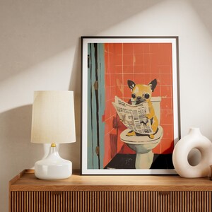 Chihuahua Puppy on Toilet Reading Newspaper Art Print Bathroom Humor Dog Lover Gift Funny Pet Poster Cute Dog Wall Art Quirky Home Decor image 2