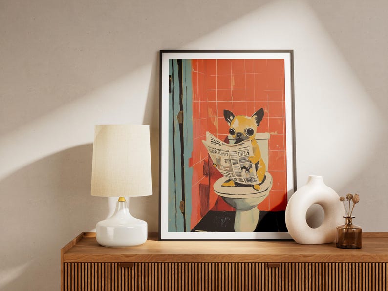 Chihuahua Puppy on Toilet Reading Newspaper Art Print Bathroom Humor Dog Lover Gift Funny Pet Poster Cute Dog Wall Art Quirky Home Decor image 2