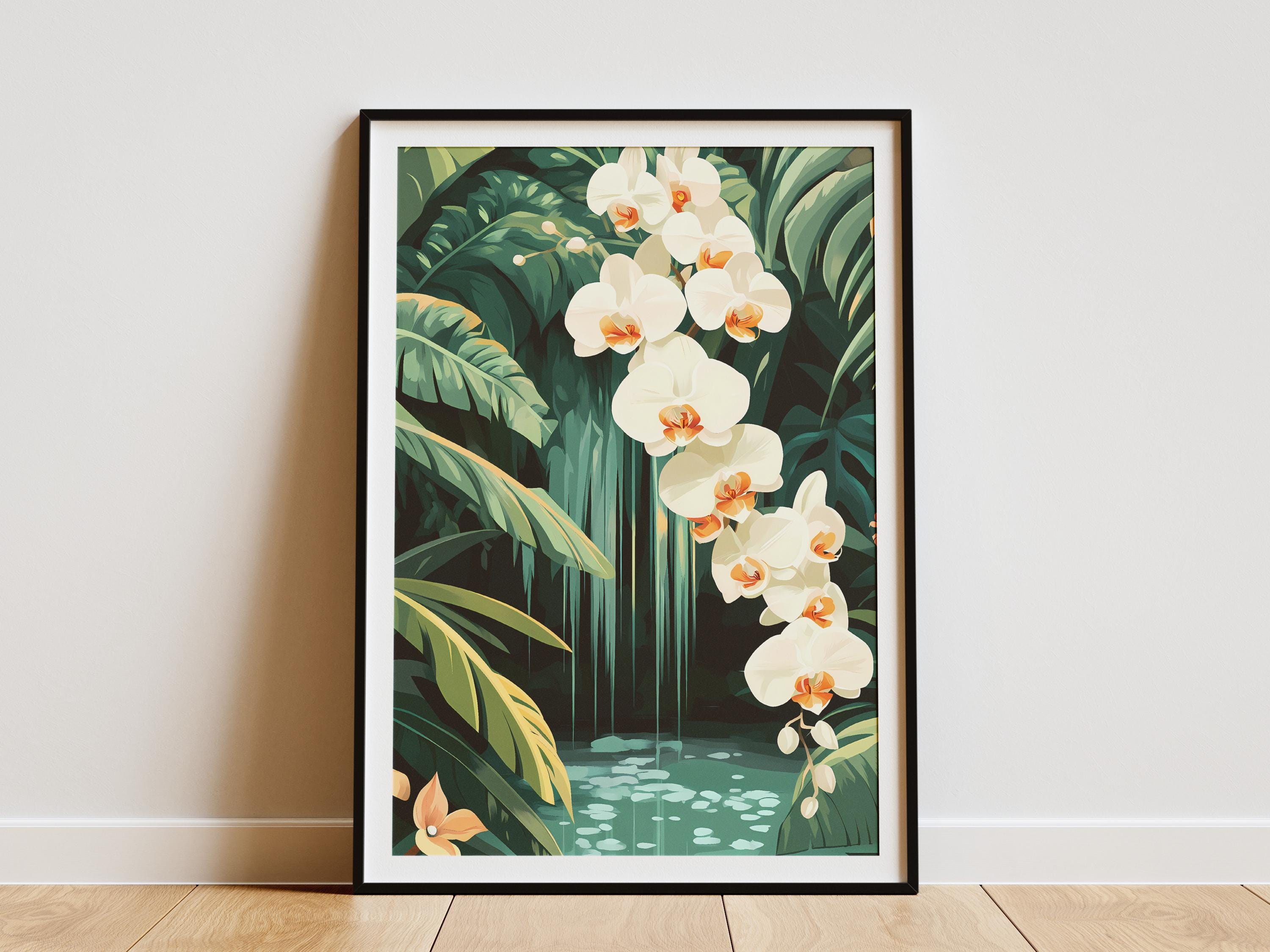White Orchid Rainforest Waterfall Botanical Poster Print Tropical
