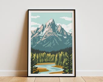 Grand Teton National Park Poster Wyoming Landschaft Druck Vintage Reise Poster Nationalpark Kunst Moderne Berg Illustration Wohnkultur