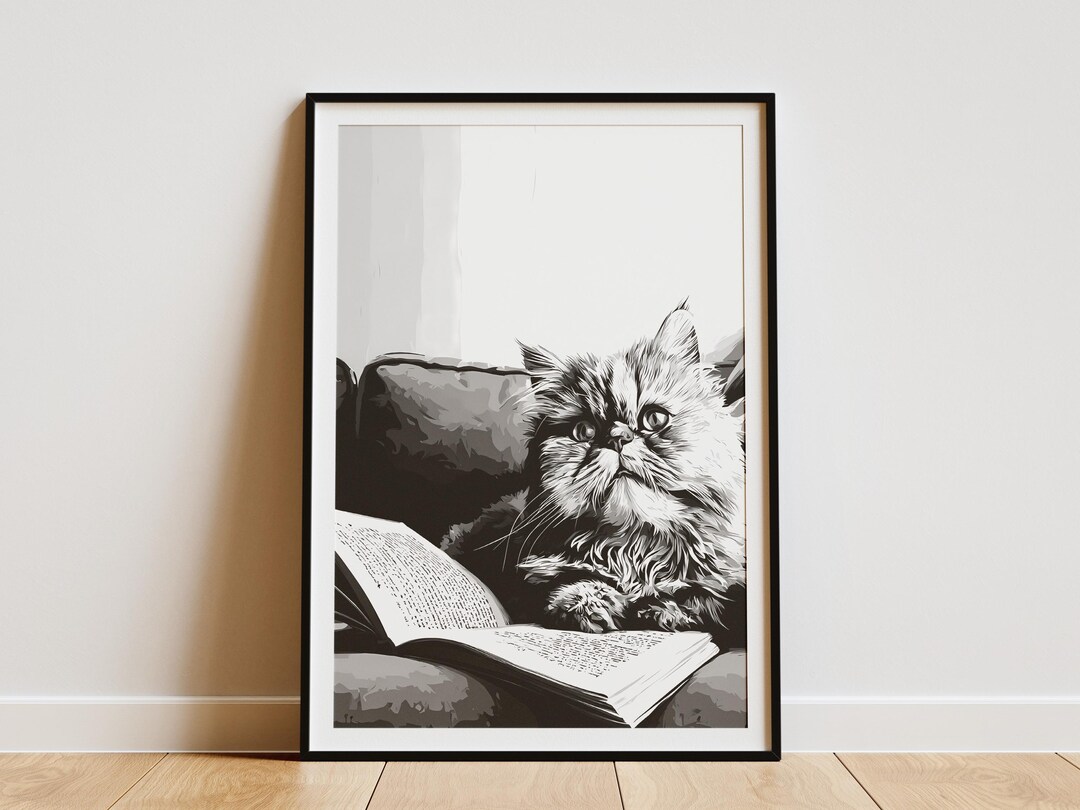 Persian Cat Reading Book Art Print Cozy Black and White Pet Lover Wall ...