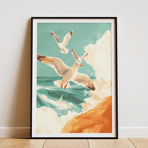 Póster de gaviotas en mar abierto, impresión costera, decoración de casa de playa, arte náutico, ilustración digital plana, arte de pared, impresión de aves oceánicas