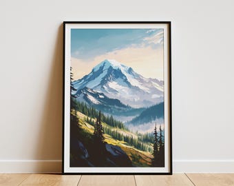 Mount Rainier National Park Poster Washington State Art Print Pacific Northwest Travel PNW Wall Art Cascade Mountains Home Decor